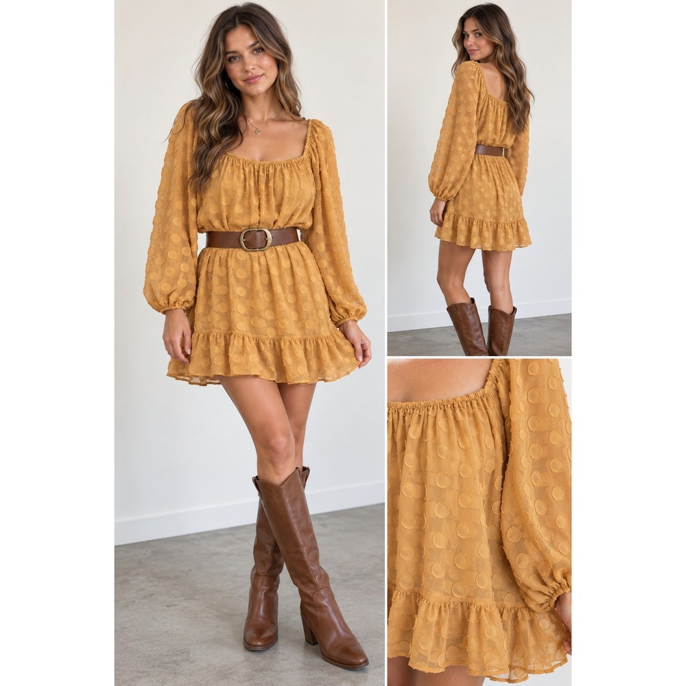 Show Me Your Mumu Dress Women S Boho Cottagecore Mustard Swiss Dot Ruffle Dress